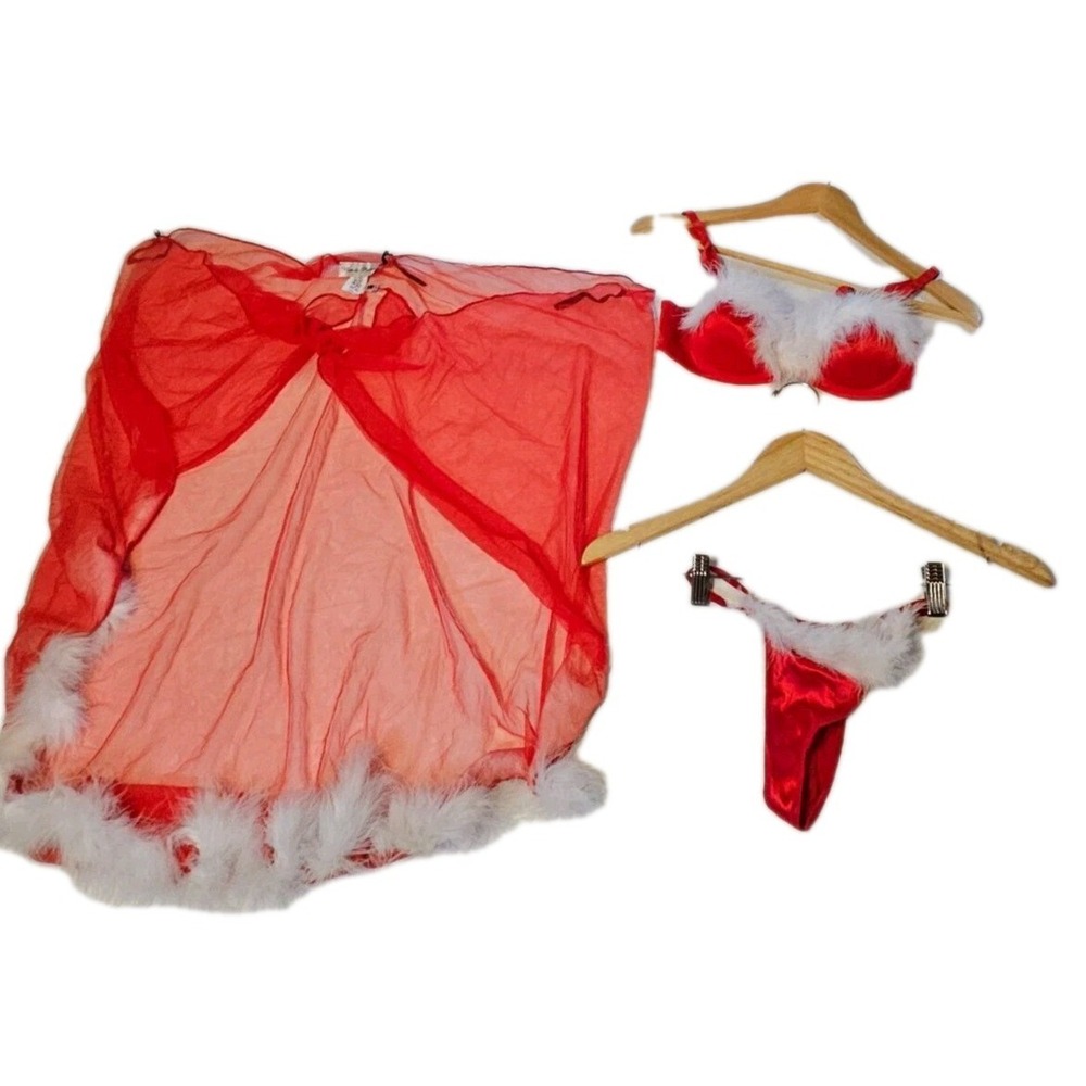 NOM DE PLUME Y2K Santa Costume Red Fur Bikini Top Bottoms Sarong Womens S/M